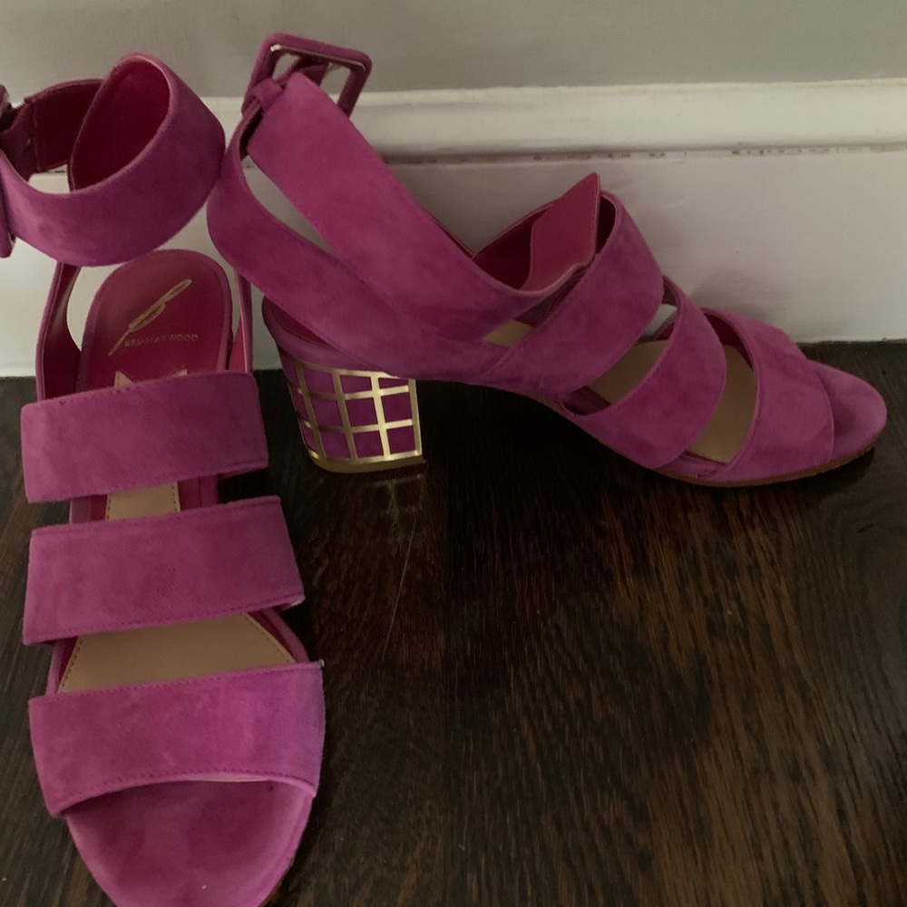 Brian Atwood cage bird pink suede sandals Sz 37